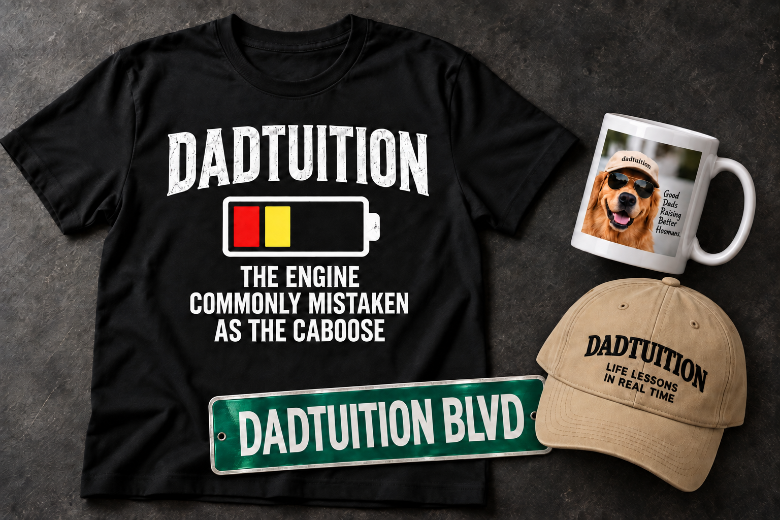 Merchandise concepts: black battery T-shirt, white dog mug, khaki Dadtuition hat, and green DADTUITION BLVD sign.